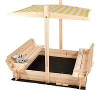 Needs&Wants® Bac à Sable en Bois pour Enfants avec Couvercle carré et bancs, Toit Ajustable ouvrant rétractable, siège, Sol, carré, refermable, pour Jardin et Jeux, 120x120 cm, pin, Jaune Blanc