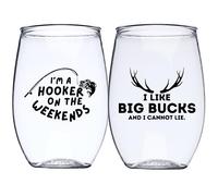 Needzo Lot de 2 verres à vin sans pied en plastique incassable, pour la chasse et la pêche, avec inscription « I'm a Hooker on the Weekends and I like Big Bucks », gobelets réutilisables incassables,
