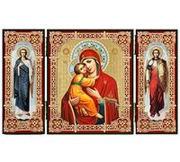 Needzo Triptyque icône Vierge Marie Notre-Dame de Vladimir en rouge - avec archanges Saint Michel et Saint Gabriel, cadeau religieux