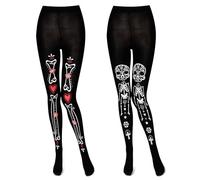 Neer 2 Paires Collants de Jour des Morts Collants de Squelette d'halloween pour Femmes Collants d'Os Blancs en Noir Décorations de Fête de Cosplay d'halloween Robe de Costume Dames (Nouveau)