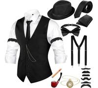 Neer Accessoires de costume des années 1920 pour homme avec gilet de gangster, chapeau, montre de poche, nœud papillon, bretelles, noir, X-Large