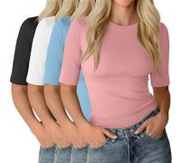 Neer de 4 Hauts à Manches Courtes pour Femmes Longueur Coude Coupe Ajustée Col Rond Basiques D Été(M,Poudre de Corail, Bleu Ciel, Blanc, Noir)