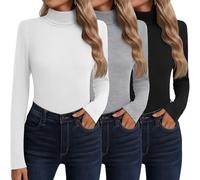 Neer Lot 3 Hauts Col Roulé et Manches Longues en Coton pour Femme Vêtements Thermiques Couche de Base Automne Hiver Pull(Noir, Gris Clair, Blanc,L)