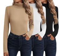 Neer Lot 3 Hauts Col Roulé et Manches Longues en Coton pour Femme Vêtements Thermiques Couche de Base Automne Hiver Pull(Noir, Blanc, Kaki,L)