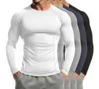 Neer Lot de 4 t-shirts de compression raglan à manches longues et col rond pour homme, Blanc, gris clair, gris foncé, noir, Taille S