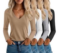 Neer Lot de 4 T-Shirts pour Femme, Col en V, Manches Longues, Décontractés, Coupe Ample, Basiques, à Superposer, Ourlet Droit(Noir, Blanc, Gris Clair, Kaki,L)