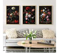 Néerlandais Fleur Nature Morte Peinture Foncé Floral Classique Beaux-Arts Affiches Et Impressions Galerie 3 Pièces Mur Art Toile Photos Décor À La Maison 12"X16"X3Panels