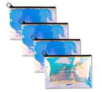 NEETUE Lot de 4 trousses de maquillage holographiques transparentes irisées avec fermeture éclair pour femme, 4 pièces., Mode