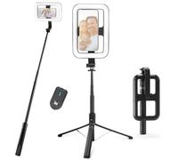 NEEWER Basics 10W Lampe Selfie avec Trépied, Ring Light Anneau Lumineux LED Carré 1200mAh, Perche à Selfie de 71'' avec Support pour Phone Compatible iPhone,CRI90,3 Modes Remote pour Vidéo,NL100B