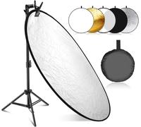 NEEWER Kit de Réflecteur de Lumière 110cm, Réflecteur Rond Pliable 5 en 1 (Translucide/Argent/Or/Blanc/Noir) avec Pince, Adaptateur Montage et Support 53-110cm pour Photographie en Studio à Angle Bas