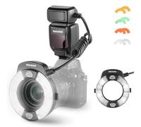 NEEWER RF1-N 76Ws Flash Annulaire Macro Compatible avec Nikon Caméra,Puissance de Sortie 1-1/128,GN 15,5 600K,Synchronisation TTL en Rideau Avant/Arrière,avec Gels Colorés et Adaptateurs d'Objectif