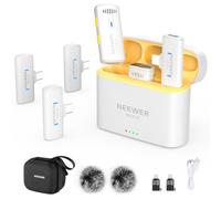 NEEWER Système de Microphone Cravate sans fil pour iPhone,Mini Micro-Cravate USB C avec 2 émetteurs,4 récepteurs et adaptateur OTG,portée de 200 m, compatible avec Android,Tablette,PC,Blanc,KM20