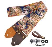 Nefelibata Courroie de guitare en coton jacquard brodé avec extrémités en cuir Crazy Horse pour basse, électrique et acoustique, cadeau pour enfants et guitaristes, H#-Golden Soie Bleu Foncé Fleur