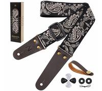 Nefelibata Sangle de guitare avec extrémités en cuir de vachette pour basse, guitare électrique et acoustique, bouton de sangle gratuit, 1 paire de verrous de sangle et 4 médiators