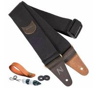 Nefelibata Sangle de guitare avec poche pour médiators, extrémités en cuir de vache pour basse, guitare électrique et acoustique, livrée avec bouton de sangle, 1 paire de verrous de sangle et 4