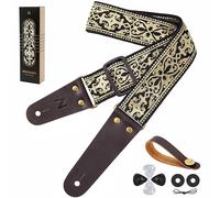 Nefelibata Sangle de guitare brodée en coton avec extrémités en cuir de vache pour guitares basses, guitares électriques et acoustiques, avec bouton de sangle, 1 paire de verrous de sangle et