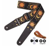 Nefelibata Sangle de guitare brodée soleil et lune avec extrémités en cuir de vache pour basse, guitare électrique et acoustique, bouton de sangle, 1 paire de verrous de sangle et 4 médiators