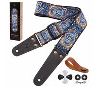 Nefelibata Sangle de guitare en coton brodé avec embouts en cuir pour guitare basse, électrique et acoustique, avec bouton de courroie, 2 attaches de courroie et 4 plectres de guitare