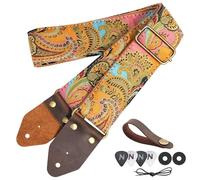 Nefelibata Sangle de guitare en coton brodé jacquard avec extrémités en cuir Crazy Horse pour basse, électrique et acoustique, cadeaux pour enfants, guitaristes, H#-Golden Silk Golden Flower