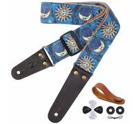 Nefelibata Sangle de guitare en coton imprimé soleil avec extrémités en cuir de vache pour basse, guitare électrique et acoustique, bouton de sangle, 1 paire de verrous de sangle et 4 médiators