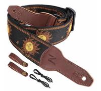 Nefelibata Sangle de guitare pour banjo, 5,1 cm de large, en cuir de vachette pleine fleur, réglable, sangle de guitare multi-motifs avec corde et bandeau en cuir (broderie Dieu du soleil)