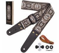 Nefelibata Sangle de guitare vintage brodée en coton avec extrémités en cuir véritable pour basse, guitare électrique et acoustique, livrée avec bouton de sangle, 1 paire de verrous de sangle et 4