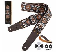 Nefelibata Sangle de guitare vintage en coton brodé jacquard avec extrémités en cuir pleine fleur pour électrique, acoustique, livrée avec bouton de sangle, 2 verrous de sangle et 4 médiators