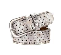 NEFLUM Ceinture en cuir Vintage pour femme, ajourée, rivets, 3.6cm de large, Jeans décontractés, Argent, 110cm