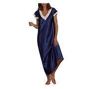 Negligee Chemise de nuit longue à manches courtes en satin pour femme avec dentelle Col en V Chemise de nuit élégante Couleur œuf Vêtement de détente léger doux pour la peau Robe de chambre Loisirs