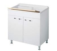 Negrari Lavabo classique monté 80 x 50 L80 P50 H85 cm Blanc intérieur meuble bois baignoire grand polypropylène thermoformage axe pin pieds réglables charnières portes lentes arrondies poignées