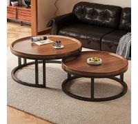 NEHCFO Table Basse Gigogne Lot de 2 Ronde, Table Basse Salon Moderne, Tables Gigognes Gain de Place avec Structure Métal(Brown,60+80cm/23.6+31.4in)