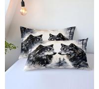 Neige Loup Parure de lit Forêt onirique Animaux 3D Loup Abstrait Aquarelle Impressionniste Literie Enfant Garçons Ados Housse de couette et Taies d'oreiller (Style 2, 2 Taies d'oreiller 50x75 cm)
