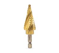 NEIKO 10180A Quick Change Step Drill Bit | Four Flute Spiral Grooved Design | 12 Sizes in One | 3/16 7/8 | 1/4 Inch Hex Shank | SAE | Nitride Coated High Speed Steel | Multi Tool | Deburrs