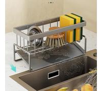 NEIQIUWING Porte-éponge pour évier de cuisine avec égouttoir et barre à chiffon, métal, inoxydable, 23 x 10,5 x 9 cm, gris/noir