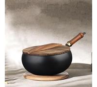 NEIQIUWING Pour petit wok bombé en fer, 24 cm de diamètre, avec couvercle en bois