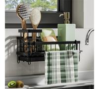 NEIQIUWING Support en mousse pour évier avec grille d'écoulement, bac d'égouttement et support à brosses - Organiseur de cuisine en acier au carbone noir 24,5 x 13 x 9 cm