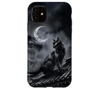 Nekomata Yokai Chat Noir Croissant de Lune Art Sumi-e Coque pour iPhone 11