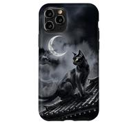 Nekomata Yokai Chat Noir Croissant de Lune Art Sumi-e Coque pour iPhone 11 Pro