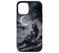 Nekomata Yokai Chat Noir Croissant de Lune Art Sumi-e Coque pour iPhone 12/12 Pro