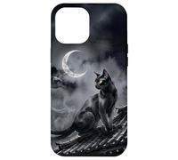 Nekomata Yokai Chat Noir Croissant de Lune Art Sumi-e Coque pour iPhone 12 Pro Max