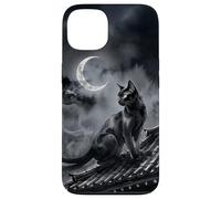 Nekomata Yokai Chat Noir Croissant de Lune Art Sumi-e Coque pour iPhone 13