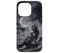 Nekomata Yokai Chat Noir Croissant de Lune Art Sumi-e Coque pour iPhone 13 Pro