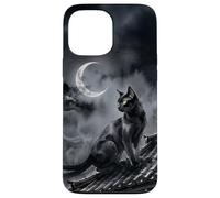 Nekomata Yokai Chat Noir Croissant de Lune Art Sumi-e Coque pour iPhone 13 Pro Max