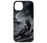 Nekomata Yokai Chat Noir Croissant de Lune Art Sumi-e Coque pour iPhone 14 Plus