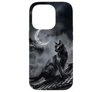 Nekomata Yokai Chat Noir Croissant de Lune Art Sumi-e Coque pour iPhone 14 Pro