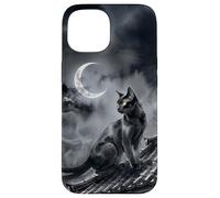 Nekomata Yokai Chat Noir Croissant de Lune Art Sumi-e Coque pour iPhone 15