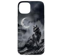 Nekomata Yokai Chat Noir Croissant de Lune Art Sumi-e Coque pour iPhone 15 Plus