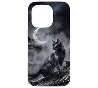 Nekomata Yokai Chat Noir Croissant de Lune Art Sumi-e Coque pour iPhone 15 Pro