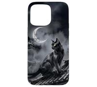 Nekomata Yokai Chat Noir Croissant de Lune Art Sumi-e Coque pour iPhone 15 Pro Max