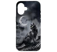 Nekomata Yokai Chat Noir Croissant de Lune Art Sumi-e Coque pour iPhone 16